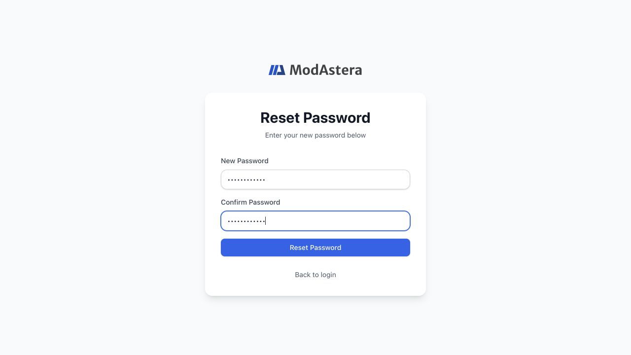 Reset Password form with masked example values and a Back to login action