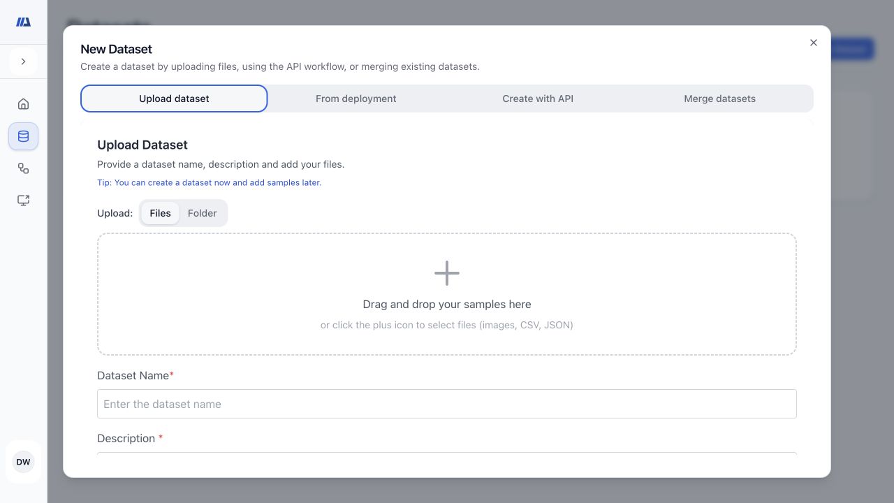 New Dataset dialog showing upload, deployment, API, and merge creation choices