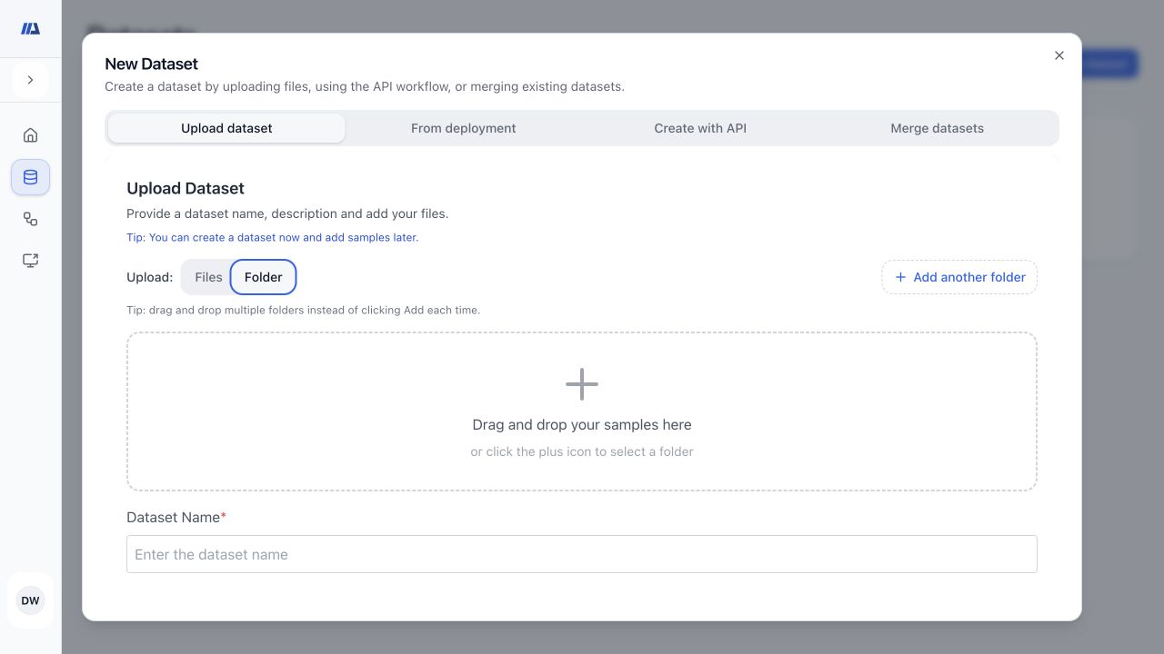 Empty New Dataset upload form with source tabs and Files and Folder controls