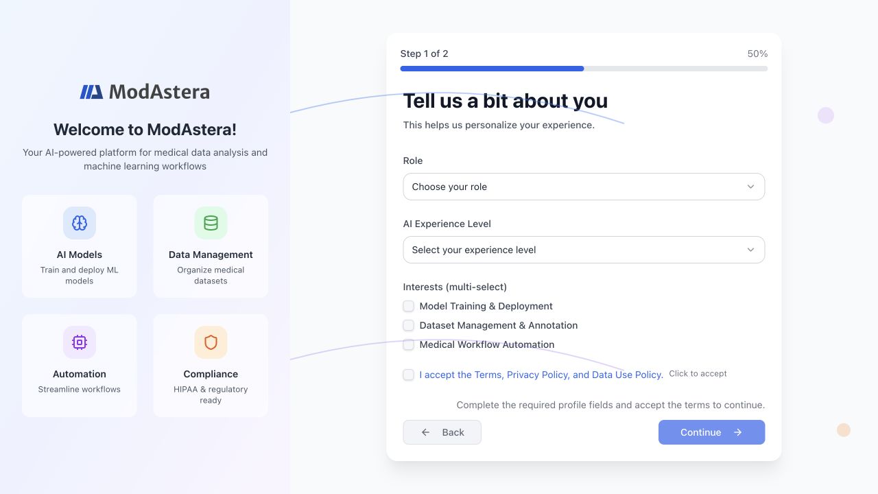 Blank profile onboarding form with role, experience, interests, and terms controls