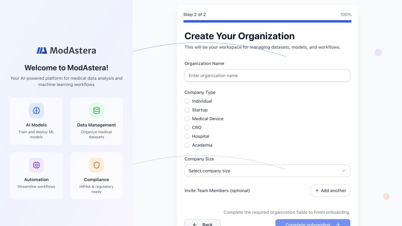 Workspace onboarding form with organization type, size, and optional invitations