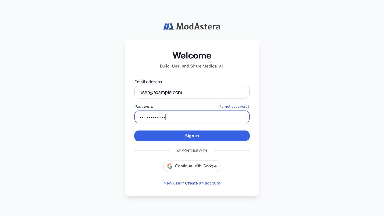 ModAstera sign-in page with email, password, password recovery, optional alternate sign-in, and account creation controls